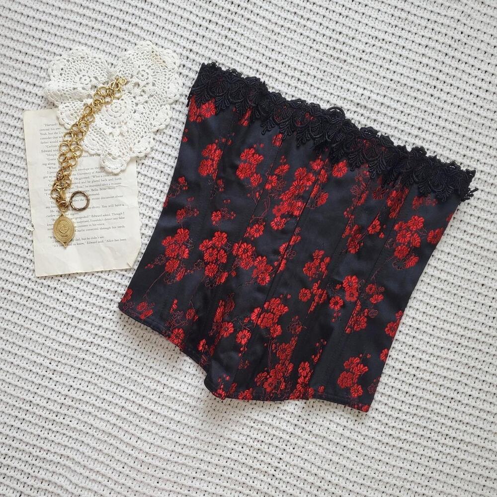 Tesa red and black floral lace corset